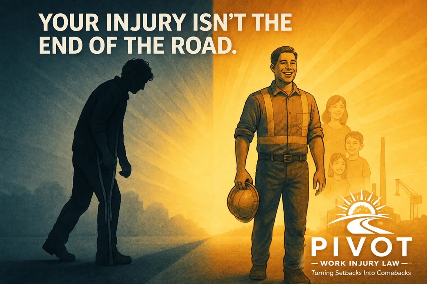 Visual of Pivot Work Injury Law with the slogan: "Your injury isn't the end of the road," conveying resilience and legal support