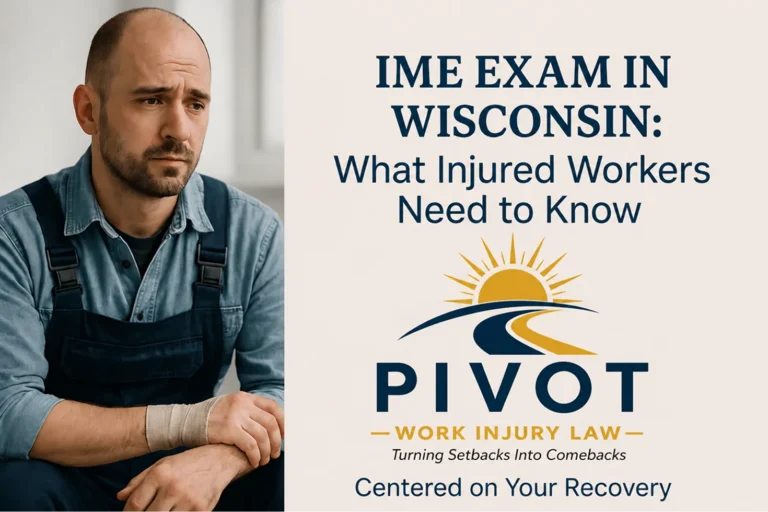 Alt text: Concerned man with wrist bandage next to text about Wisconsin IME exam and Pivot Work Injury Law logo.