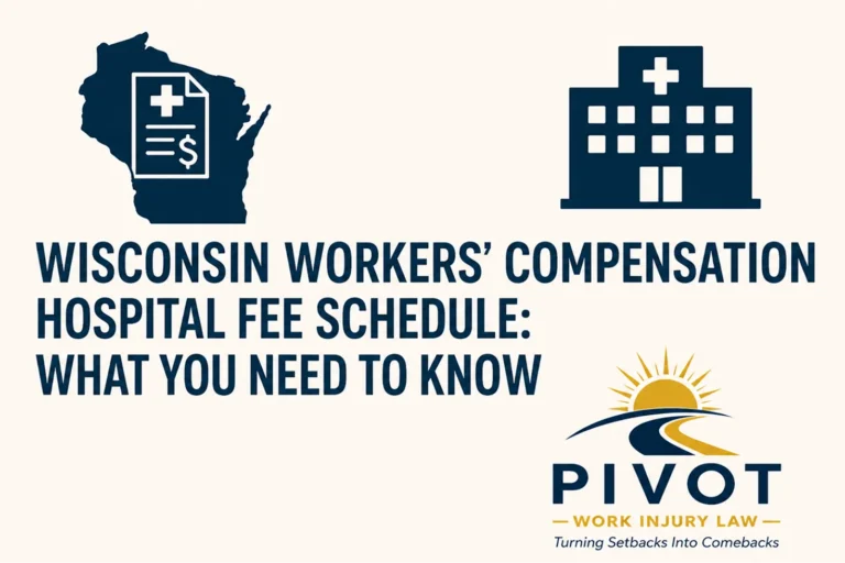 Graphic featuring Wisconsin state outline with medical bill icon, hospital building icon, and text about Wisconsin workers' compensation hospital fee schedule, with Pivot Work Injury Law logo.