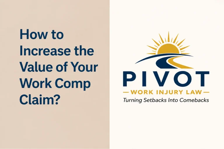 Text reading "How to Increase the Value of Your Work Comp Claim?" alongside Pivot Work Injury Law logo with sun and road graphic.