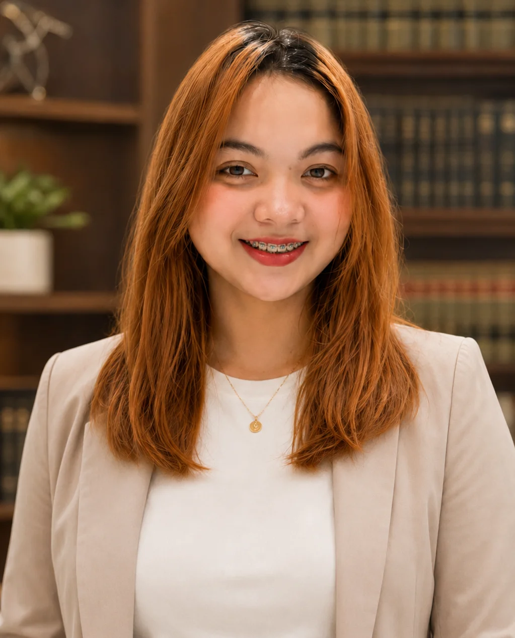 Professional portrait of a smiling woman with red hair, braces, beige blazer, and bookshelves background.