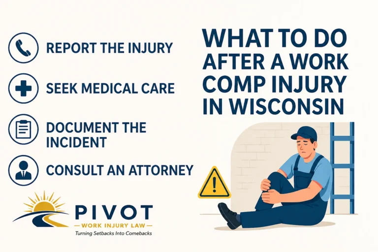 Infographic listing steps after a work comp injury in Wisconsin with a worker holding his knee.