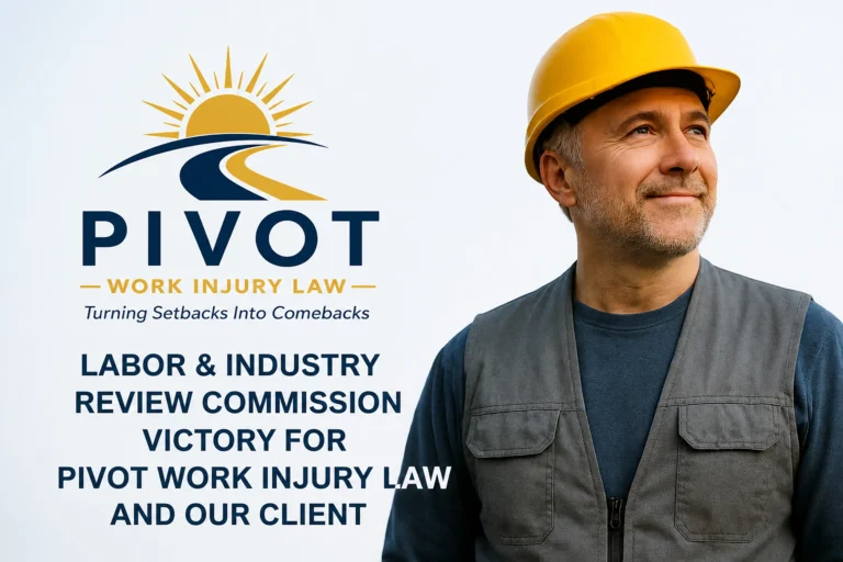 Middle-aged male construction worker wearing a yellow hard hat and gray vest next to Pivot Work Injury Law logo and text.