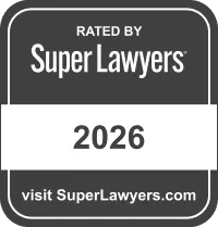 Black and white badge stating "Rated by Super Lawyers 2026" with website link.