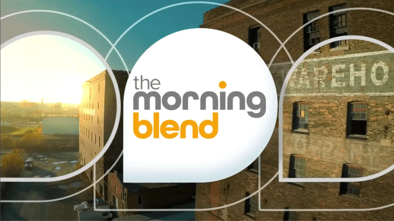 Logo of "The Morning Blend" in gray and orange overlaid on a sunrise cityscape with brick buildings.