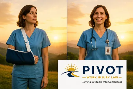 A woman in scrubs with a cast, standing beside a sign that reads "Pivot Work Injury Law."
