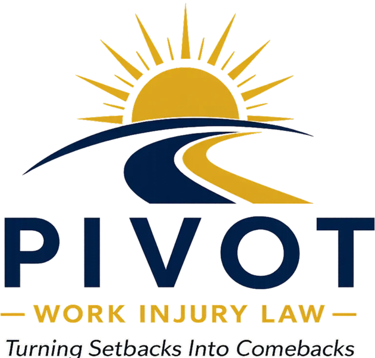 Logo featuring a yellow sun rising over a blue and yellow curved path, with text "PIVOT WORK INJURY LAW" and slogan "Turning Setbacks Into Comebacks.