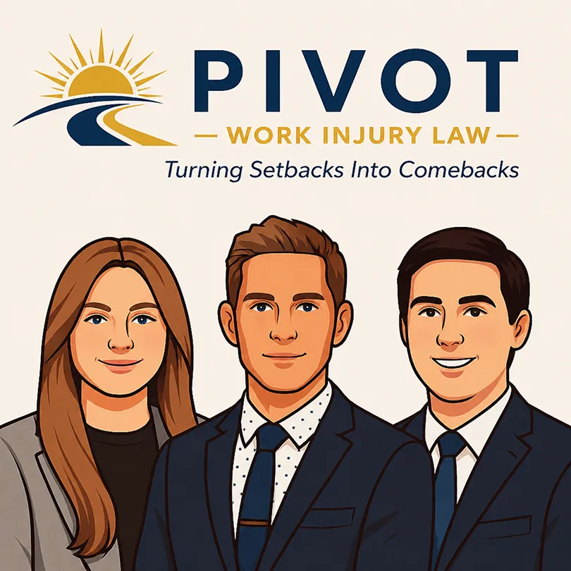 Logo with sun and road, text "PIVOT Work Injury Law," and three professionally dressed individuals.