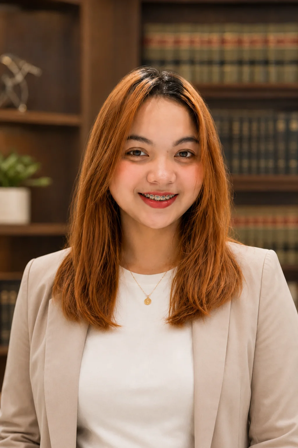 Portrait of a smiling woman with braces and reddish-brown hair, wearing a beige blazer and white top, standing in front of a bookshelf.