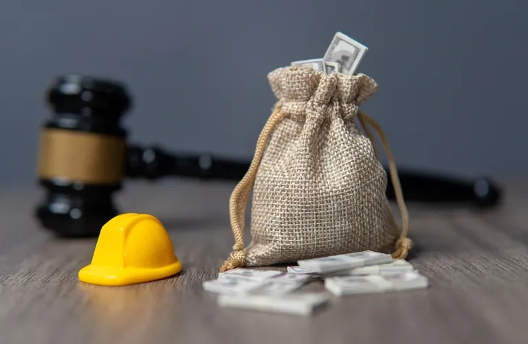 Small burlap sack with money, yellow construction helmet, and judge's gavel on wooden surface.